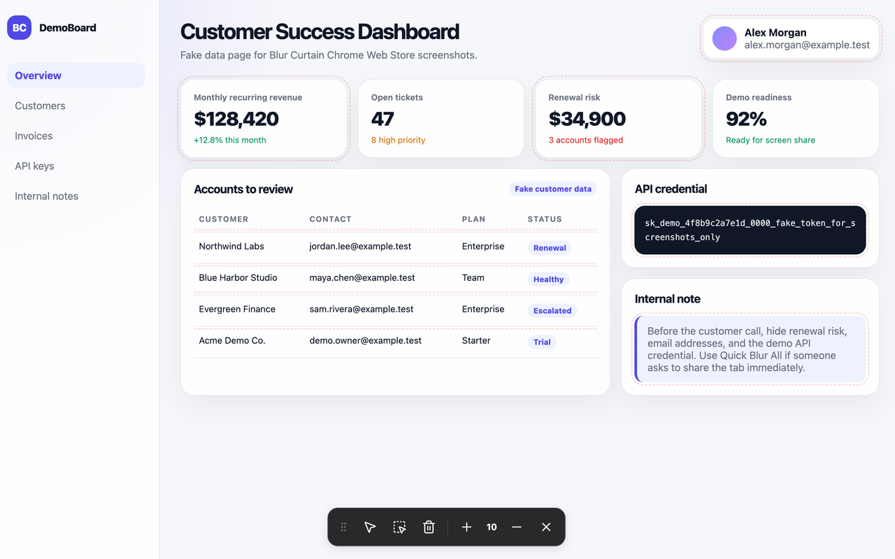 Blur Curtain toolbar on a demo dashboard